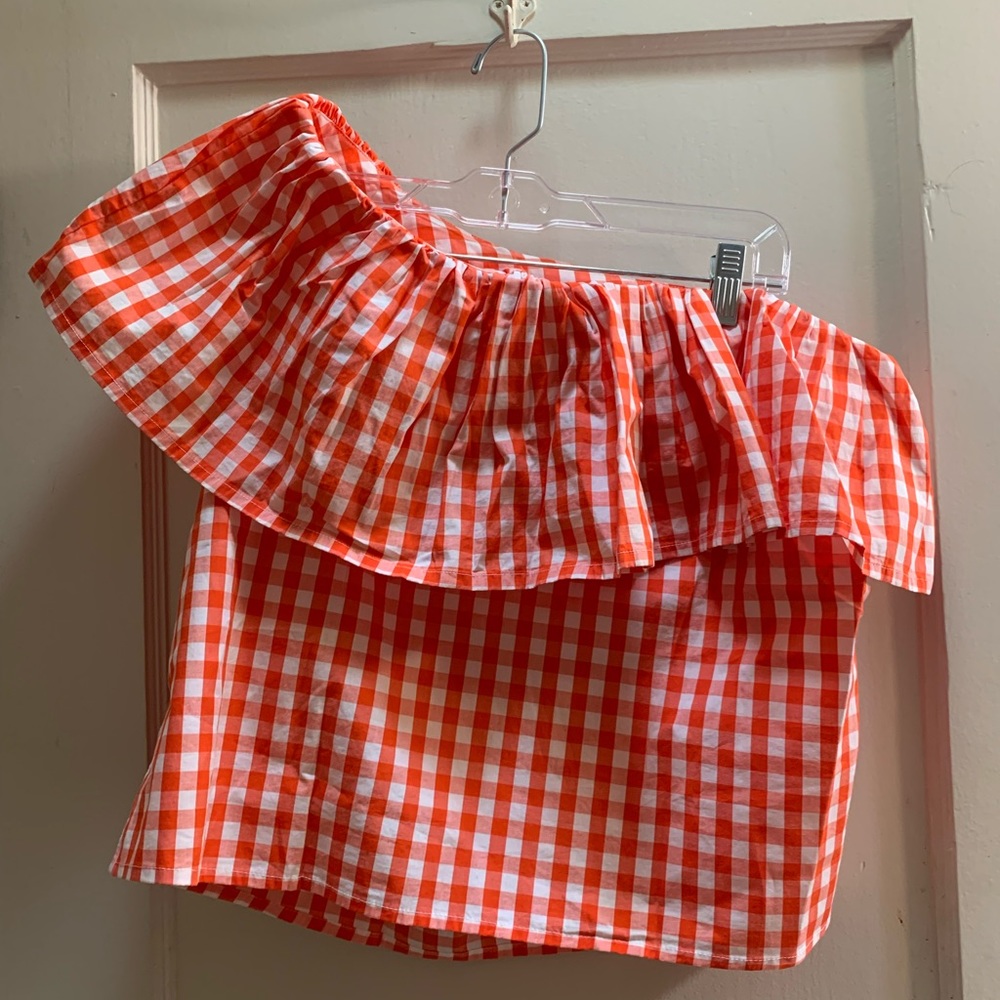 JCrew red gingham one-shoulder ruffle shirt